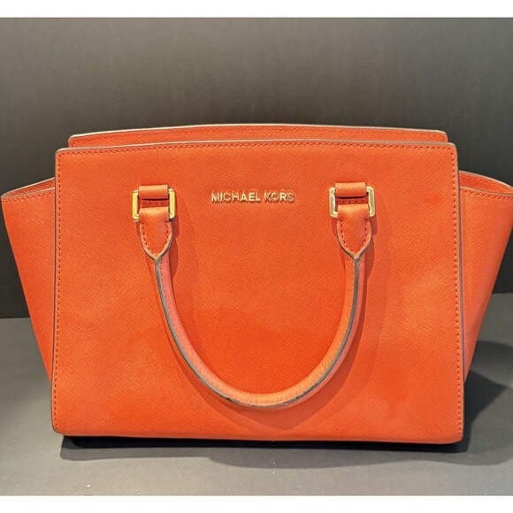 Michael Handbags - Michael Kors Selma Medium Saffiano Leather Satchel Bag Orange Gold Hardware
